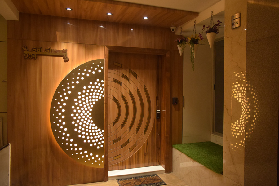 Metal and wooden door, name plate